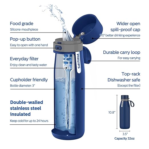 PHILIPS Filtered Water Bottle, Insulated Stainless Steel Water Purifier Bottle for Daily Life & Travel, BPA Free with GoZero Everyday Filter for Cleaner & Tastier Tap Water, Keeps Cold, 32 oz