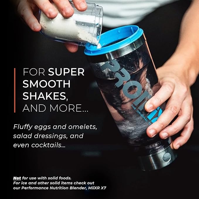 Promixx Pro Shaker Bottle (iX-R Edition) | Rechargeable, Powerful for Smooth Protein Shakes | includes Supplement Storage - BPA Free | 20oz Cup (Silver Blue/Gray)
