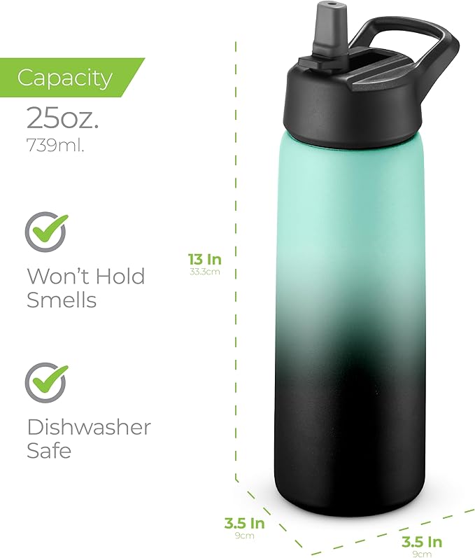 SipX™ Triple-Insulated Stainless Steel Water Bottle 25oz. With 3 Lids, BPA-Free Reusable Insulated Water Bottle Keeps Cold 24 Hours, Metal Water Bottle Made Of Sustainable Material For Hiking & Biking