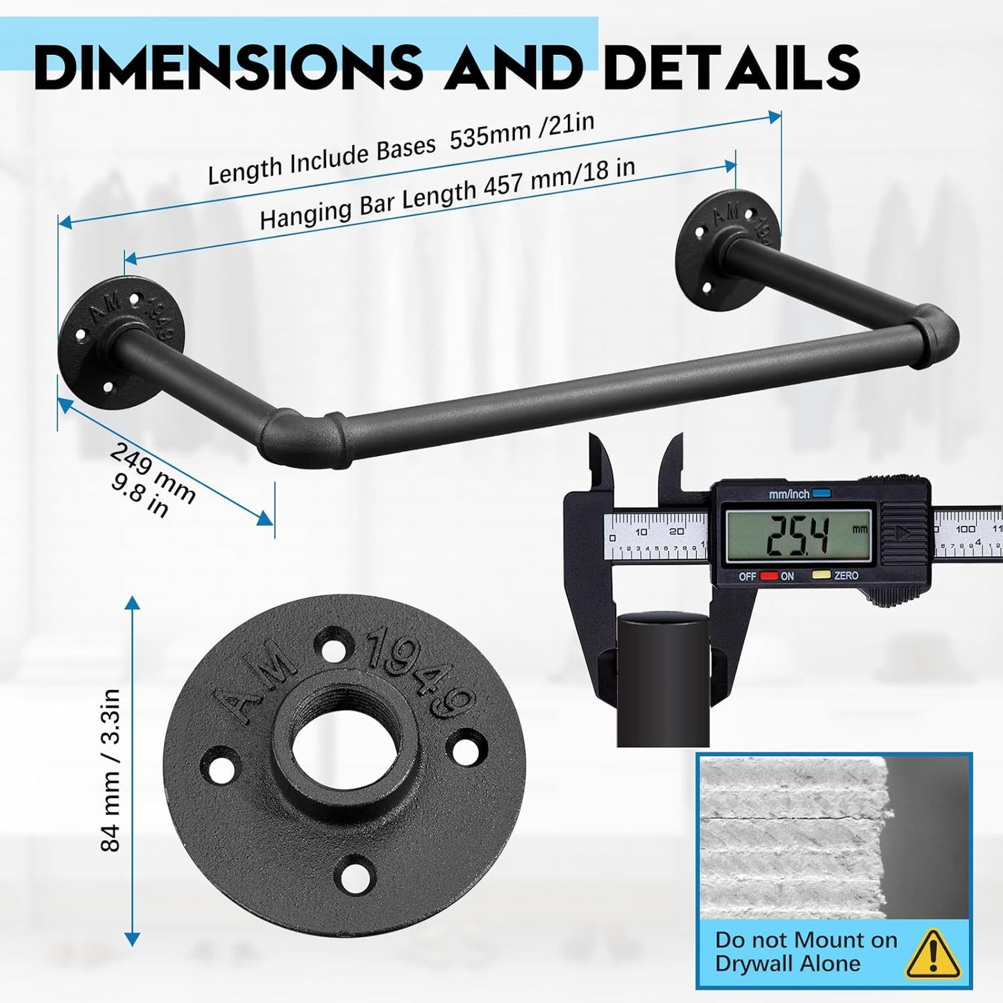 Industrial Pipe Clothes Rack Set of 2, 21” Heavy Duty Wall Mounted Clothing Rack Multi-Purpose Garment Bar, Space-Saving Hanging Rod for Laundry Room,Closet Storage