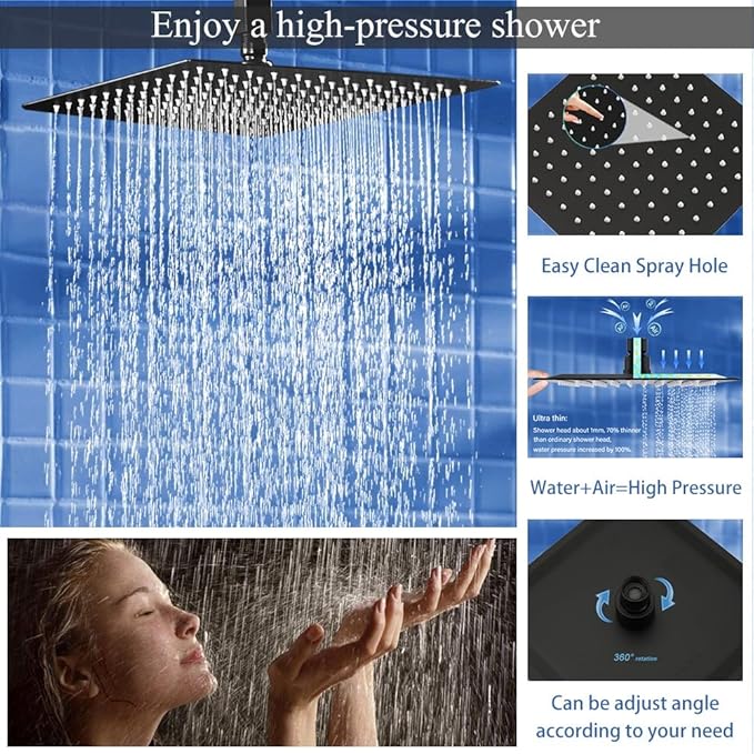 16 Inch Matte Black Ceiling Mount Shower System Bathroom Luxury Rain Mixer Shower Combo Set Ceiling Rainfall Shower Head System Faucet Contain Rough-in Valve and Trim Included