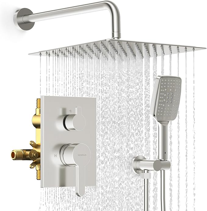 Shower Faucet Set - 12 inches Rain Shower System with 6 Function Handheld Shower Head Rough in Pressure Balance Valve Kit - Stainless Steel Bathroom Shower Kit Complete Brushed Nickel
