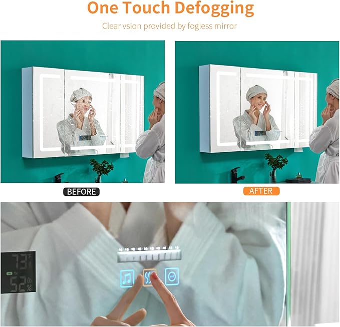 VINGLI LED Lighted Medicine Cabinet with Intelligent Mirror, Bluetooth Speaker, Weather & Temp Display, Anti-Fog, Built-in Outlet & USB, Large 3-Door Bathroom Mirror Cabinet,48 Inch, Need Assembly