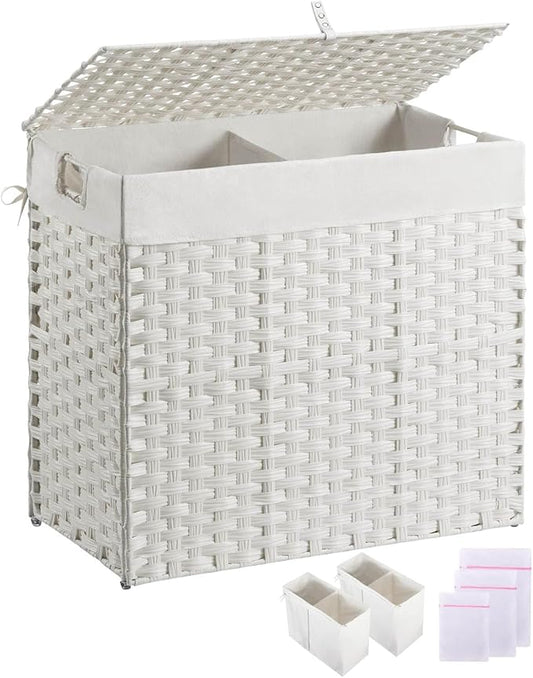 Greenstell Laundry Hamper with lid, No Install Needed, 130L Wicker Laundry Baskets Foldable 2 Removable Liner Bags, 2 Section Clothes Hamper Handwoven Rattan Laundry Basket with Handles, White