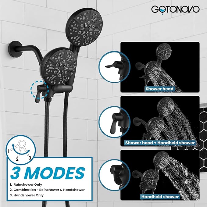 gotonovo Shower Valve and Trim Kit 2 in 1 Shower Head and Handle Set System Bathroom Shower Faucet Set 3 Modes Various Combinations High Pressure with Rough-in Valve Matte Black