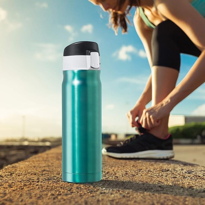 OGGI Caliber Stainless Steel Travel Water Bottle- Insulated Coffee Mug, Metal Water Bottle, Sports Bottle, Water Flask, Travel Bottles, 17oz, Peacock