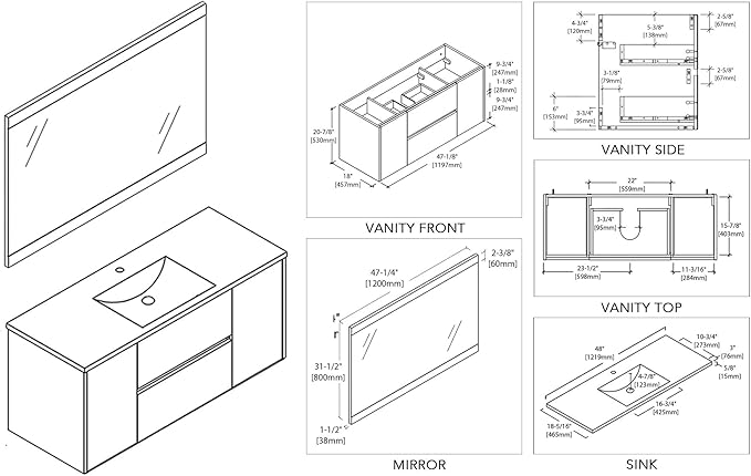 Blossom Single Bathroom Vanity with Ceramic Sink and Mirror | All Wood Floating Vanity Cabinet | 2 Doors and Soft-Closing U-Shaped Cutout Drawers| 48" w/Ceramic Sink and Mirror, Silver Grey