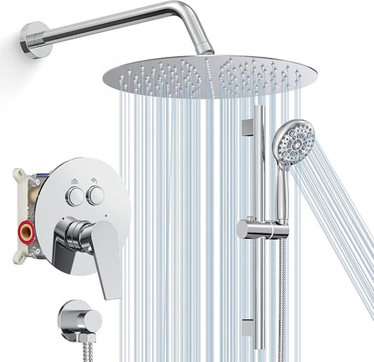 SR SUN RISE Rain Shower Faucet Set - 10 Inch Rain Shower Head with Handheld & Slide Bar Combo Set - Bathroom Wall Mounted Shower Faucet with Valve - Polished Chrome