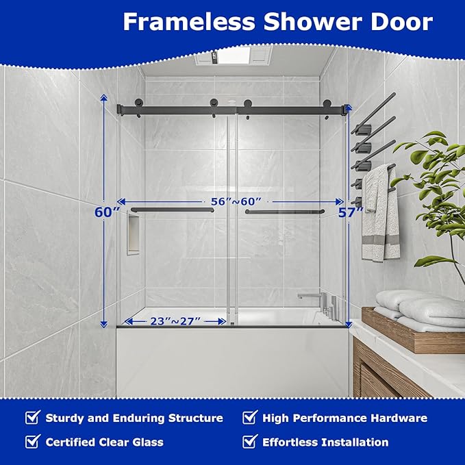 54"-60" W x 60" H Frameless Bathtub Shower Door, Double Sliding Shower Door,5/16"(8mm) Clear Tempered Glass,Easy Sliding Tub Shower Door with Explosion-Proof Film (Matte Black 60" Wx60 H)