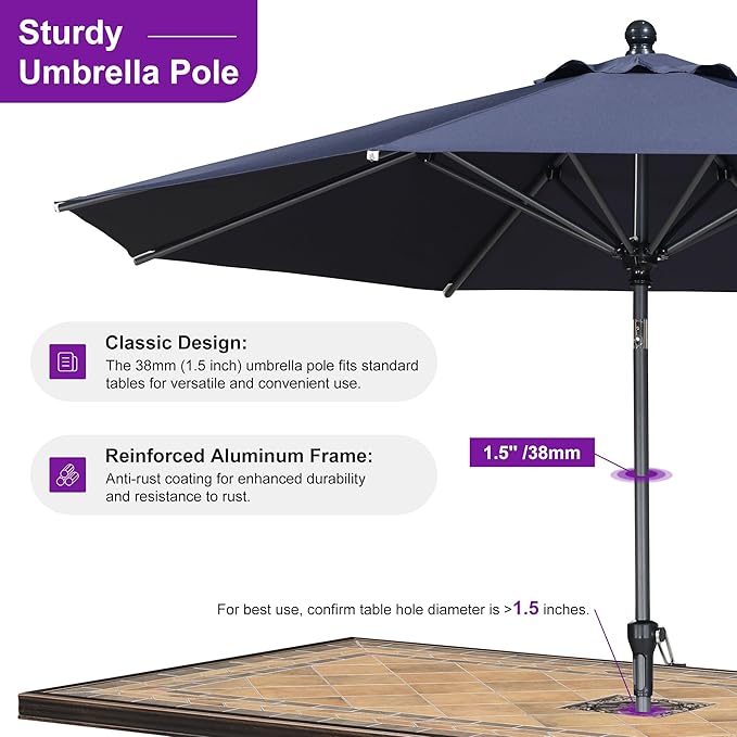 PURPLE LEAF 10' Round Patio Umbrella Outdoor Table Umbrella Aluminum Frame Market Umbrella Sun Umbrella with 8 Sturdy Ribs Tilt for Garden Deck Lawn Pool Navy Blue
