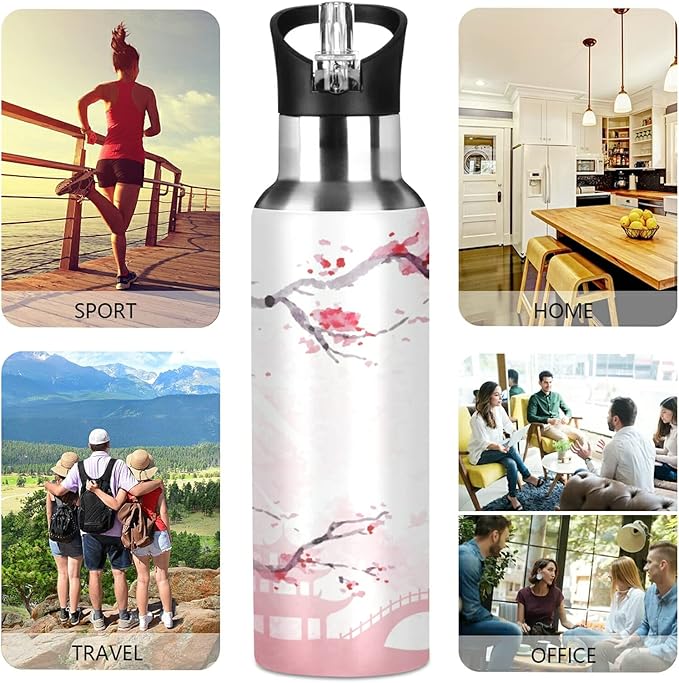 Qilmy Japanese Cherry Blossom Vacuum Insulated Water Bottle with Straw Lid 22oz Double Wall Stainless Steel Sports Water Bottle for Travel Sport, Hot Cold, BPA-Free