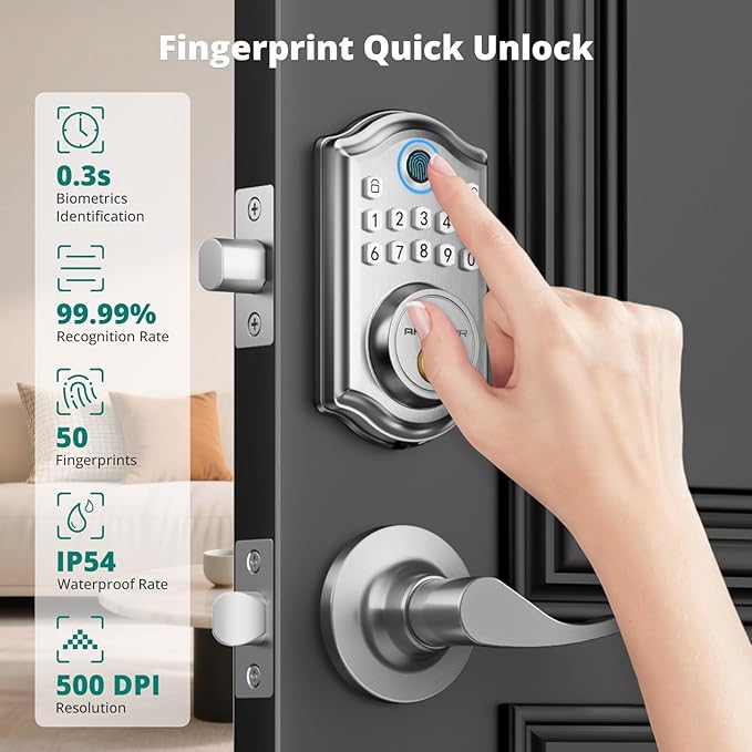 DS10 Pro Keyless Entry Door Lock with Handle - 2 Lever Handles, Bluetooth APP Control, Fingerprint Door Locks, Electronic Keypad Deadbolt Lock, Smart Doors Lock, Auto-Lock, Satin Nickel