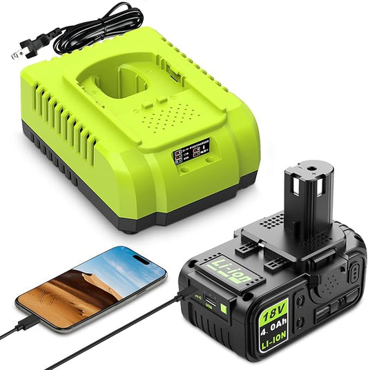 18V 4.0Ah Replacement Battery with USB and Charger Combo for Ryobi Battery Charger,Compatible with Ryobi 18 Volt Lithium-Ion ONE+ System P102 P103 P104 P105 P107 P108 P109 P190 P122 Cordless Tools