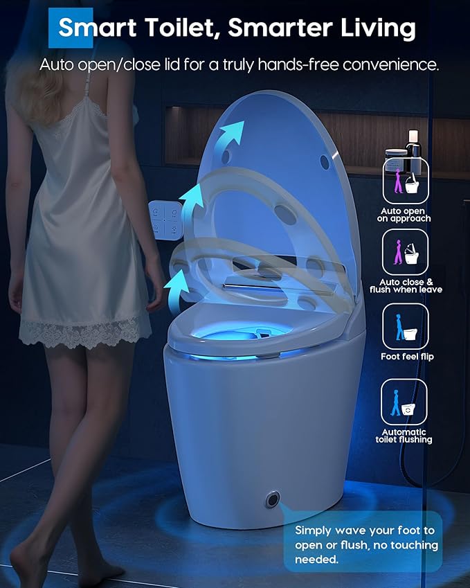 Glendan Smart Toilet Auto Flush: Auto Open Close Lid Seat - 3 Adjustable Heated One Piece Toilet for Bathrooms - Electric Modern Tankless Bidets with Night Lights Remote - Pre-Wetting Slow Close