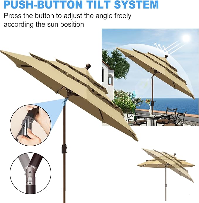 Eurmax USA 10-Year-Non-Fading 10Ft 3 Tiers Market Umbrella Outdoor Patio Umbrella Table Umbrella with 8 Ribs,Hand Crank and Ventilation (Sand)