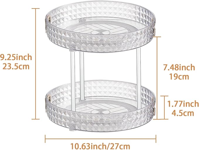 Wesoke 2 Tier Lazy Susan Turntable Cupboard Organiser, Large Rotating Kitchen Spice Rack Spinning Condiment Seasoning Organizer, Detachable Revolving Bathroom Makeup Tray Holder for Cabinet Fridge