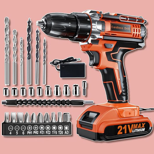 Cordless Drill Set, KELNOW 21V PowerDrill with Power Pack and Charger, 3/8-Inch Keyless Chuck ElectricDrill, 25+1 Position, 2 Speed, 27pcs Drilldriver Bits Tool Drills for DIY Projects