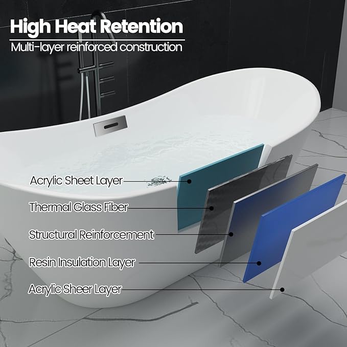 59''Acrylic Freestanding Bathtub, Deep Soaking Tub with Non-Slip Base, CUPC Certified Free Standing Tub, Chrome Drain Bath Tub, Modern Tub for Bathrooms, White