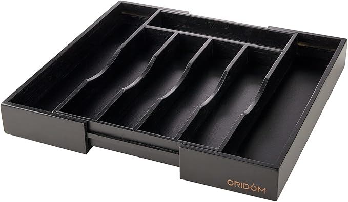 Expandable Bamboo Kitchen Drawer Organizer for Cutlery and Utensils, Adjustable Bamboo Wood Cutlery Tray in Drawer for Flatware and Silverware in Kitchen, (Black)
