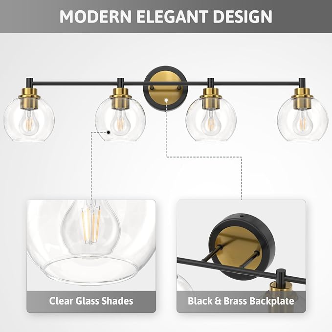 VONLUCE Bathroom Light Fixtures, 4-Light Vanity Lights with Globe Glass Shades, E26 Sockets, Over Mirror for Bedroom Hallway, Black & Gold Finish
