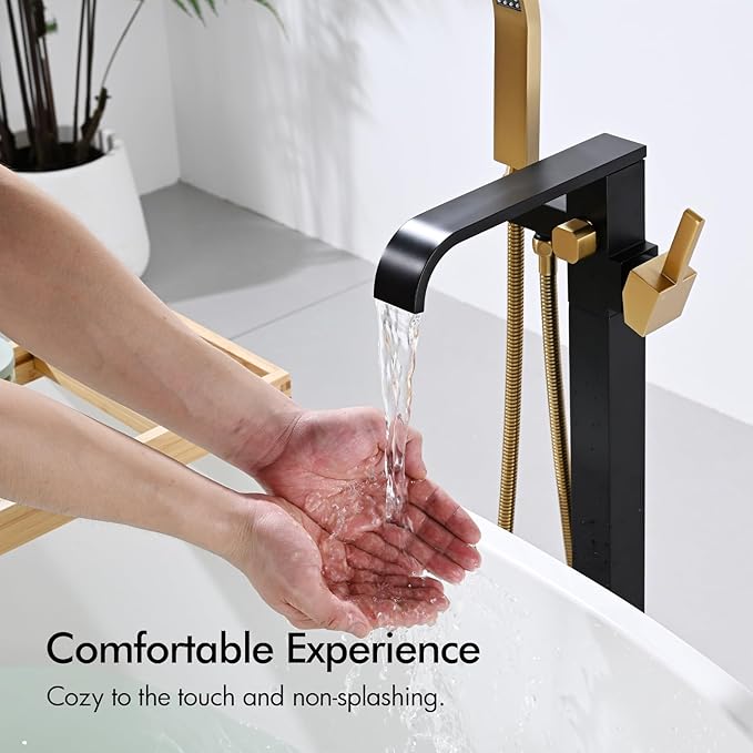 BAGNOLUX Solid Brass Floor Mount Bathtub Faucet Free Standing Tub Faucet Freestanding Tub Filler Black Gold High Flow Rate Swivel Spout with Hand Shower, ‎YGSLT-FANG-Black+Gold