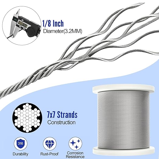 BLIKA 400FT 1/8" Stainless Steel Cable with Cutter, T316 Marine Grade, Stainless Steel Wire Rope 7x7 Strand Construction, 1850lbs Breaking Strength Aircraft Cable for Deck Cable Railing, Silver