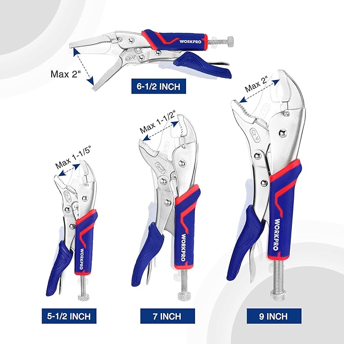 WORKPRO 4-Piece Locking Pliers Set with Comfortable Grip, 5-1/2", 7" and 9" Curved Jaw Locking Pliers, 6-1/2" Long Nose Locking with Storage Bag, Blue&red