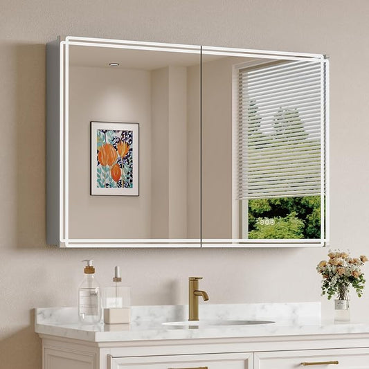 Buruis 48'' x 32'' Medicine Cabinet with Lights and Mirrors, Recessed or Wall Mounted Modern Bathroom Cabinet with 3-Mode Light, Anti-Fog, Dimmable, Memory Function, Outlet, Silver
