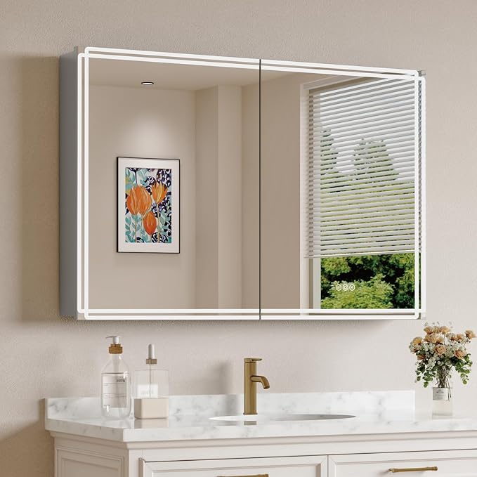 Buruis 36'' x 32'' Medicine Cabinet with Lights and Mirrors, Recessed or Wall Mounted Modern Bathroom Cabinet with 3-Mode Light, Anti-Fog, Dimmable, Memory Function, Outlet, Silver