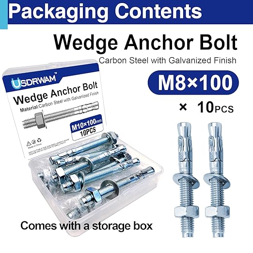 10Pcs M10×100mm Wedge Anchor Bolt, Carbon Steel Zinc Plated, Concrete Anchor Screws Kit, Anti-Rust Metric Expansion Bolts