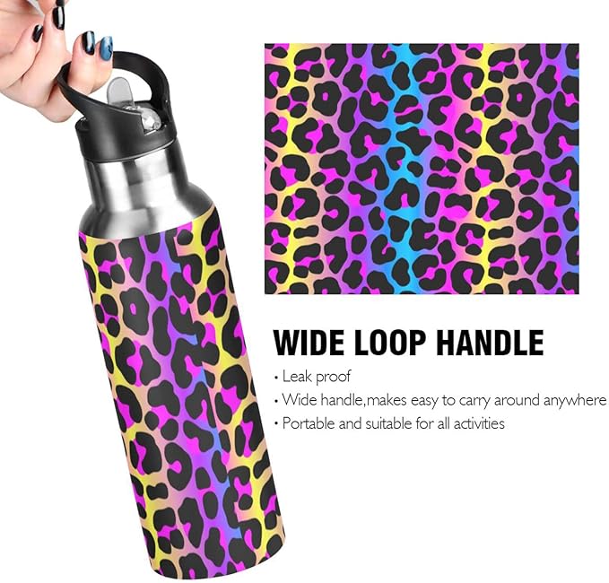 senya 20 Oz Water Bottle with Straw Leopard Print Cheetah Neon Gradient Stainless Steel Water Bottle for Traveling Sports Leakproof Insulated Water Bottle