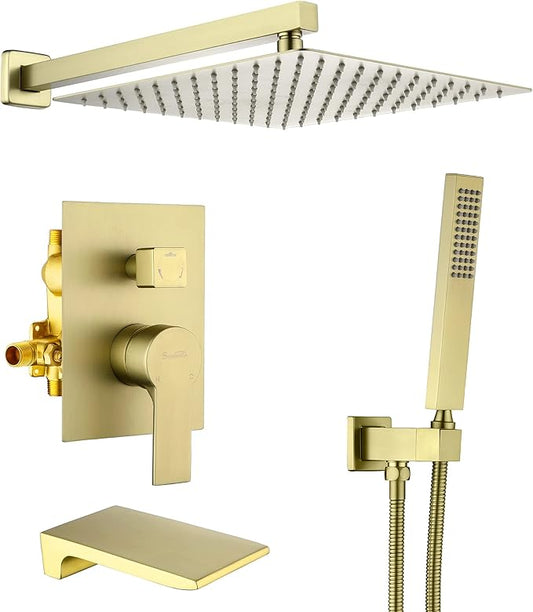 SHAMANDA Shower System with Waterfall Tub Spout and Handheld Shower Head, 12" Rain Shower Faucet Sets Complete with Shower Round-in Valve and Trim Wall Mount, Brushed Gold, L101-3