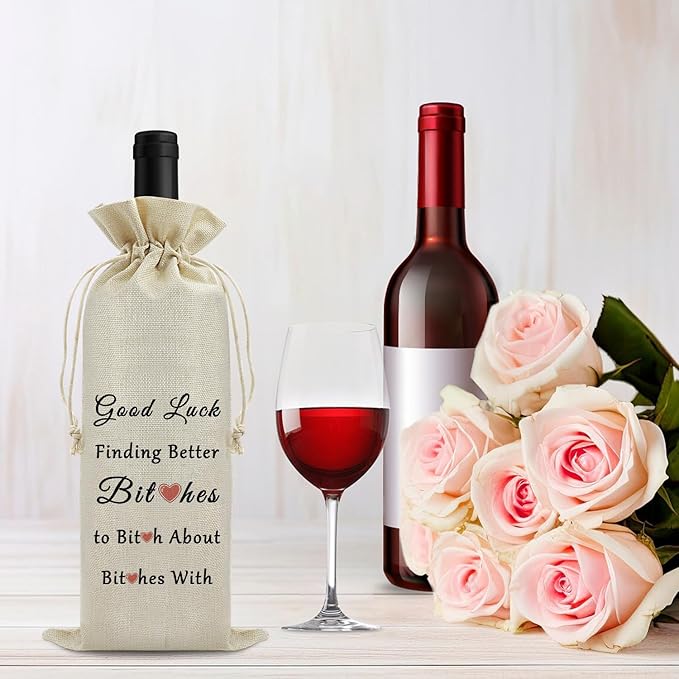 Farewell Gift Coworker Leaving Gifts for Women Men Wine Bag Going Away Goodbye Gifts for Coworker Friend Burlap Wine Gift Bags Office Gifts Retirement Gift for Besties Drawstring Wine Wrap Bag