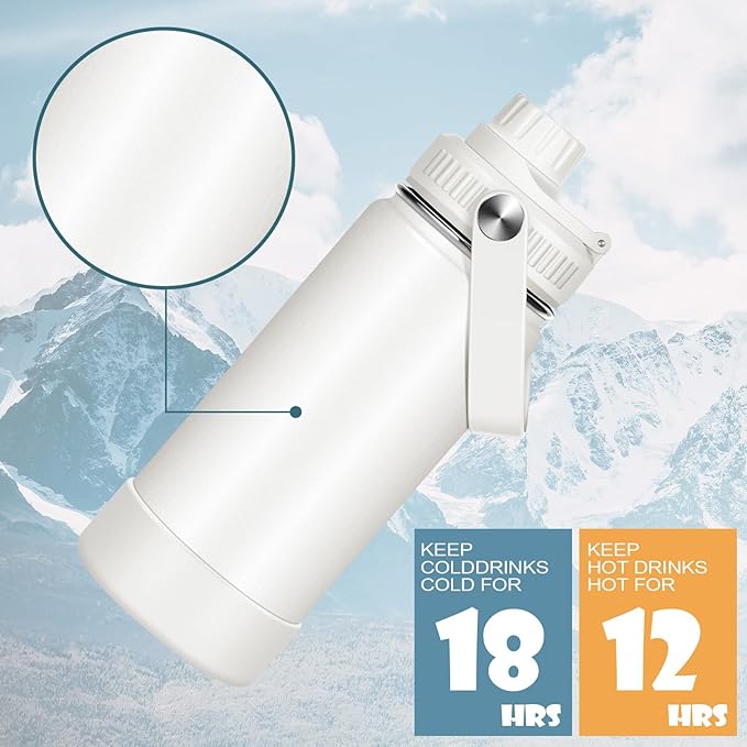 Nitial 1 Pcs Insulated Water Bottle 14 oz Stainless Steel Water Bottle with Handle and Leak Proof Spout Lid Double Wall Vacuum Reusable Sports Bottles, Almond White