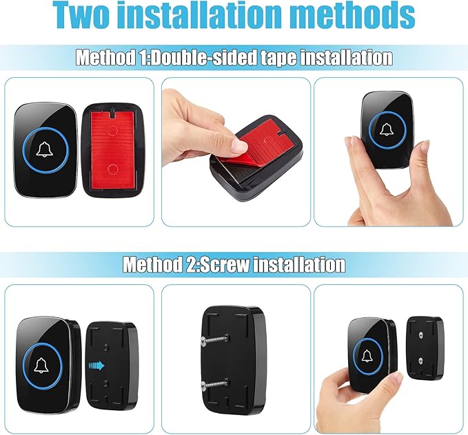 8 Pcs Waterproof Doorbell Kit 4 Pcs Home Doorbell with 4 Pcs Receivers 1000 FT Range 5 Volume Levels with 60 Doorbell Chimes and LED Flash (Black)