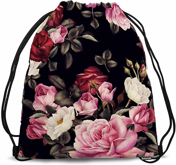 Gym Backpack Floral Pattern Red Pink White Rose Peony Flower Leaf Romantic Drawstring Backpack for Dance Gym Sports Soccer Basketball Running 14x16.9 Inch