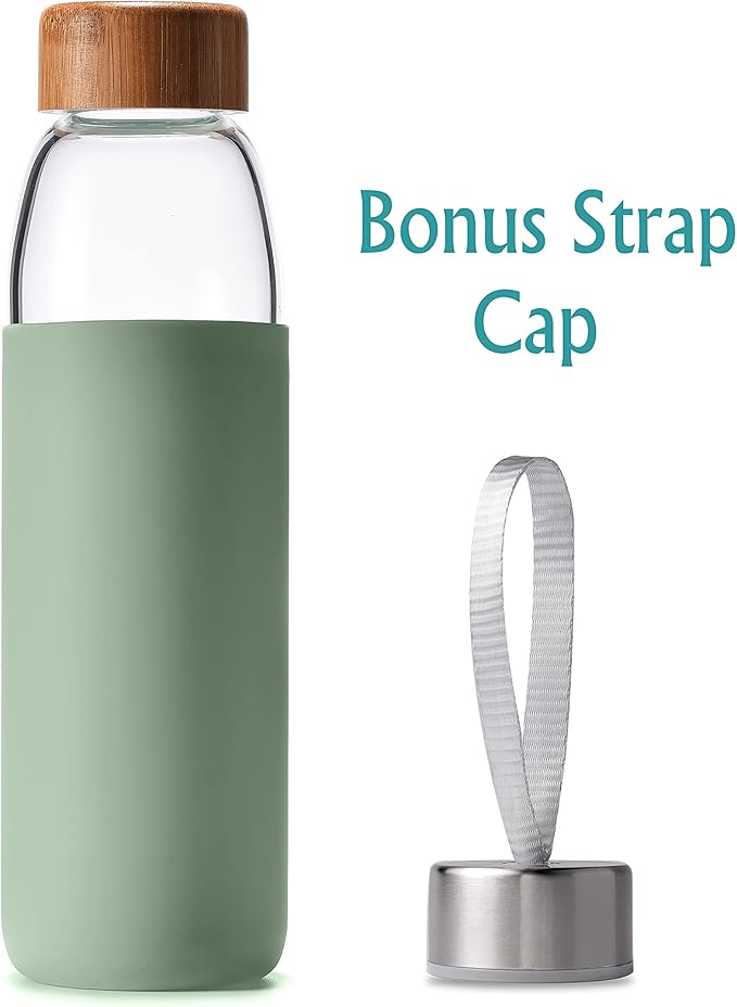 veegoal Glass Water Bottles 18 Oz Borosilicate with Bamboo Lid, BPA-FREE, Non-Slip Silicone Sleeve, and Stainless Steel Leak Proof Lid - Glass Water Bottle for Men and Women