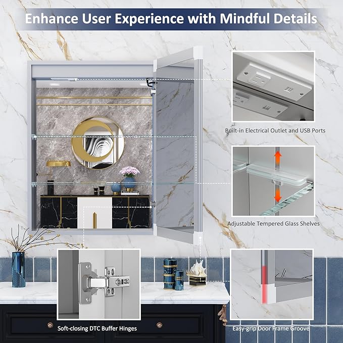 24"×32" Medicine Cabinet with Mirror and Lights, Surface or Recessed LED Bathroom Mirror Cabinet with Outlet & USB Ports, Defogger, Dimmer, Memory Function, Clock & Temp, Door Right Open