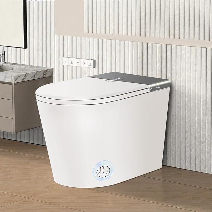 Smart Toilet, One Piece Toilet with Bidet Built in, Modern Tankless Toilet with Heated Toilet Seat, Bidet Warm Water, Dryer, Auto Toilet Flushing, Foot Sensor Operation