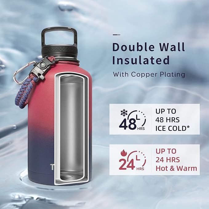 Trebo Half Gallon Water Bottle with Paracord Handle 64oz Wide Mouth Insulated Double Wall Stainless Steel Large Sports Flask Keep Hot 24 Hours & Cold 48 Hours Water Jug with 3 Lids Ombre: Ruby Red