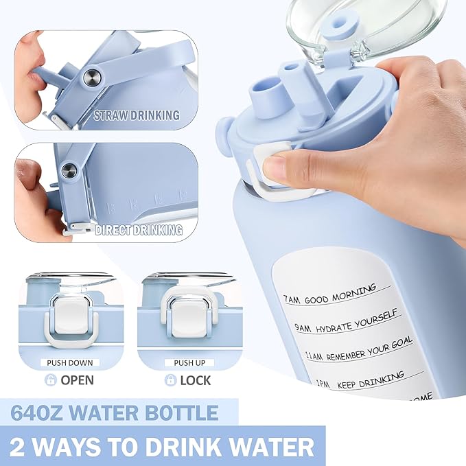 BLUEGO 64oz Insulated Water Bottle with Straw and Handle Leakproof Half Gallon Wide Mouth Motivational Water Bottle, 2-IN-1 Straw Spout Lid Stainless Steel Water Jug for Sport Travel Gym-Light Blue