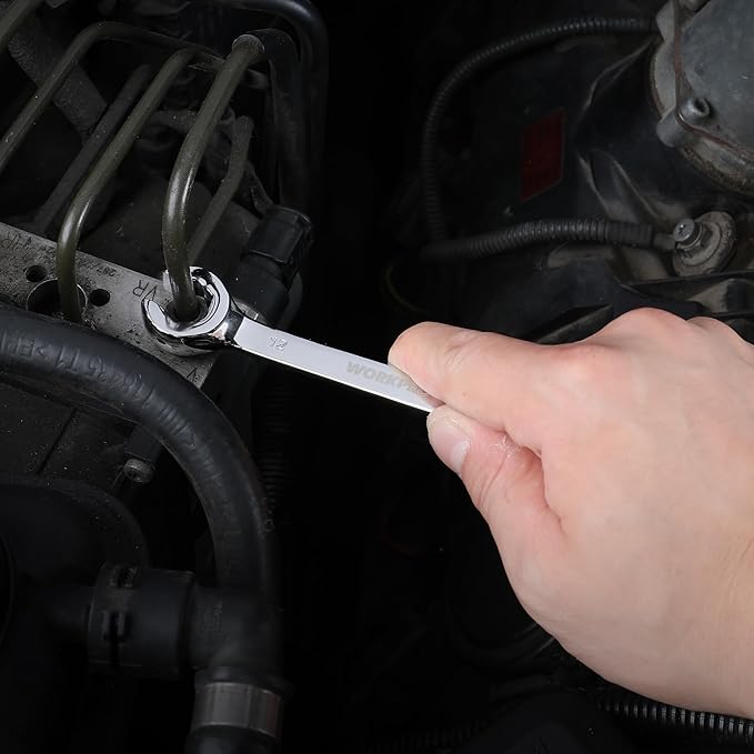 WORKPRO 4-Piece Flare Nut Wrench Set, Metric Brake Line Wrenches 10, 12, 13, 14, 15, 17, 19, 22mm, Cr-V Steel, 15° Offset Head Tubing Wrench, Organizer Pouch Included