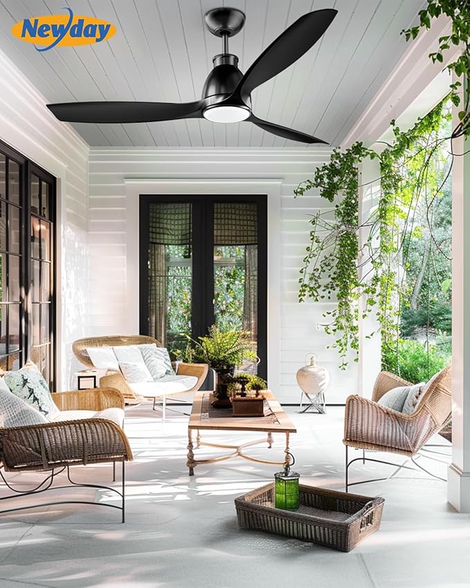 Newday 52 inch Ceiling Fans with Lights - Black Ceiling Fan with Light and Remote, 3 Blades 3 Colors Dimmable LED, 6 Speeds Reversible Quiet DC Motor Ceiling Fan For Living Room Bedroom Indoor Outdoor