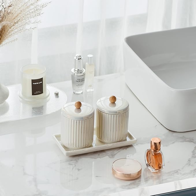 Ceramic Bathroom Canister Set with Coordinating Small Vanity Tray Qtip Holder Dispenser for Cotton Ball,Swab,Pads, Floss, Bathroom Storage Jars with Lids Pearl White