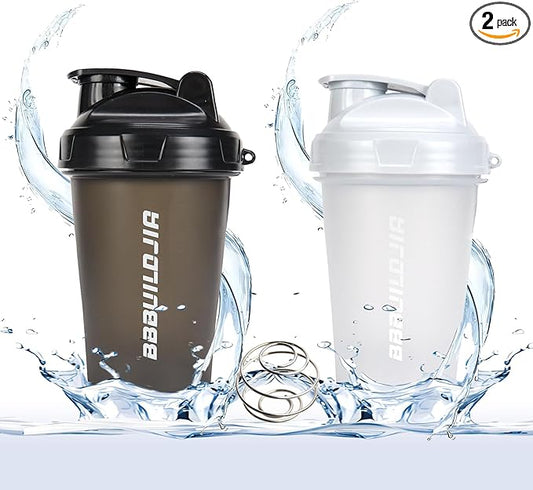 [2 PACK] 17 oz Protein Shaker Bottles Protein Mixer - Leak Proof Shaker Cups for Protein Shakes, Protein Shaker Bottle, Protein Shake Cup, BPA Free & Dishwasher Safe White/Black