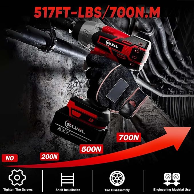 SILVEL 21V Cordless Impact Wrench 1/2 inch, 517 Ft-lbs (700N.m) Max Torque Brushless High Torque Impact Wrench w/ 1.5Ah Li-ion Battery, Charger, 6 Sockets, Extension Bar, Power Impact Gun for Car Home