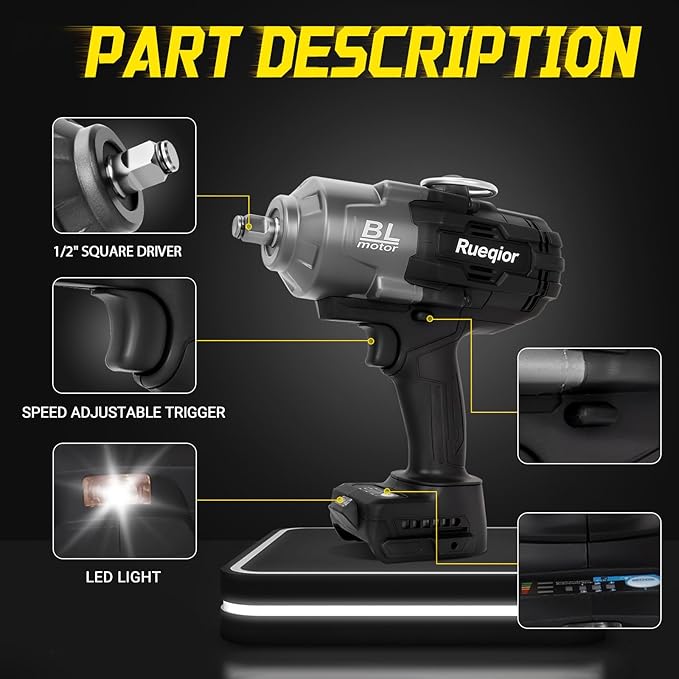 Cordless Impact Wrench 1/2" for Dewalt 20V Battery, Impact Wrench 1500FT-LBS(2000N.m) High Torque Brushless Electric Impact, with 4 Modes Power Impact Driver for Car, Truck, Mower (No Battery)