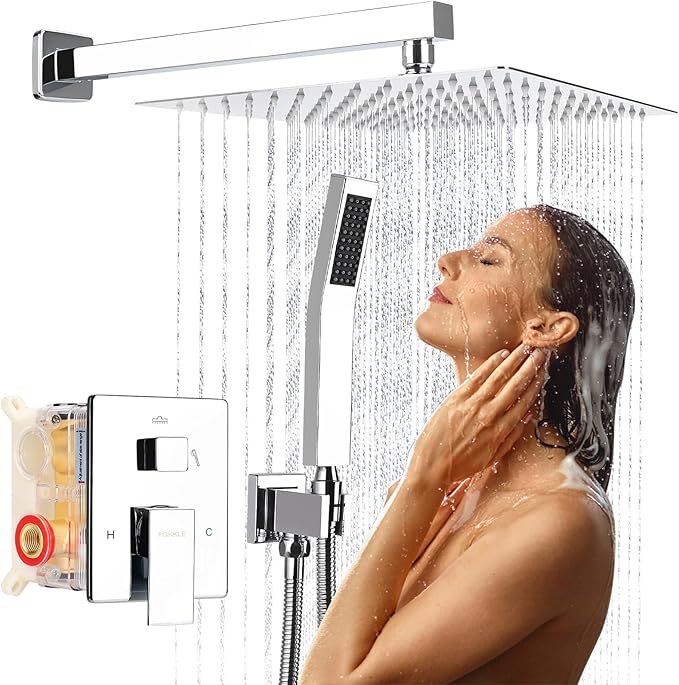 10 Inch Rainfall Shower System - Wall Mounted Complete Combo with Solid Brass Pressure Balancing Valve, High Pressure Shower Head, Handle Set & Installation Accessories Chrome