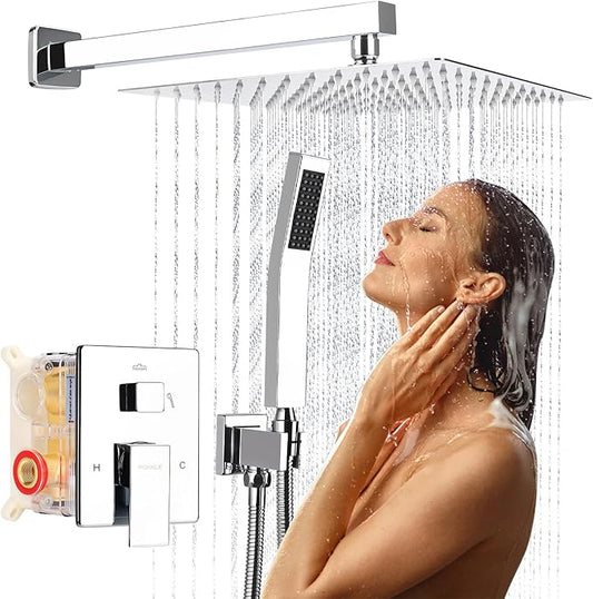 10 Inch Rainfall Shower System - Wall Mounted Complete Combo with Solid Brass Pressure Balancing Valve, High Pressure Shower Head, Handle Set & Installation Accessories Chrome