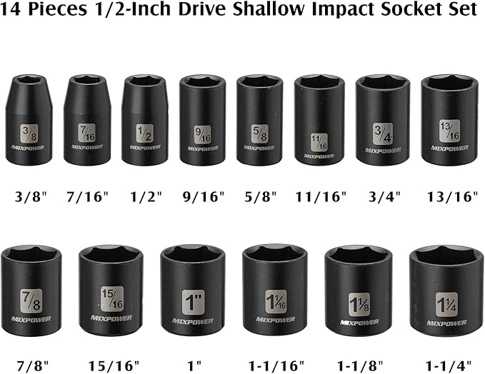 MIXPOWER 14 Pieces 1/2-Inch Drive Shallow Impact Socket Set, 3/8-Inch to 1-1/4 Inch, CR-V, SAE, 6 Point, Shallow, 14 Pieces 1/2" Dr. Shallow Socket